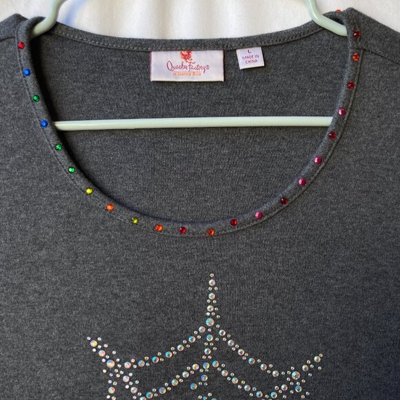 Quacker Factory Womens Shirt Spider Web Size Large Gray Grey Jersey Rhinestones - Picture 13 of 16